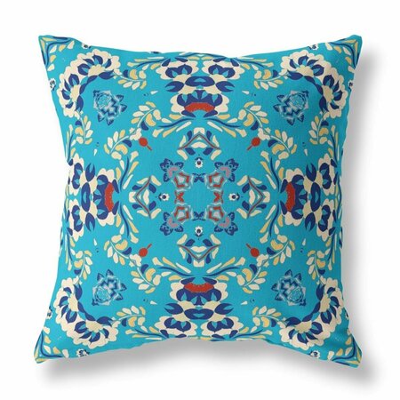 PALACEDESIGNS 16 in. Cyan & Blue Filigree Indoor & Outdoor Zip Throw Pillow PA3098438